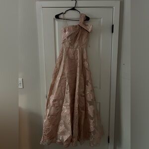Luxury Maxi dress, floral gold, pink details, Size Small, off shoulder style